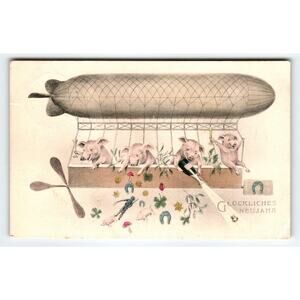 Pigs Fantasy Anthropomorphic Postcard New Years Piglets In Airship Blimp 1910